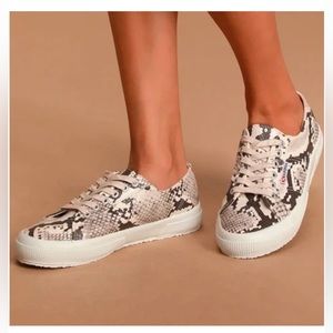 •SUPERGA•'COTU' SNEAKER SIZE 8W SNAKE-PRINT LACE UP SNEAKERS NATURAL SNAKE PRINT